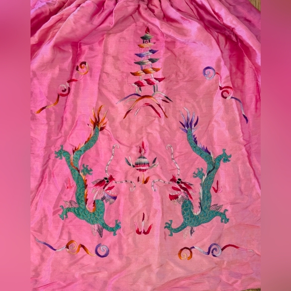 RARE Child Shanghai Embroidered Robe Cape Vintage Satin Dragon Fur Trim Pink - Picture 2 of 16